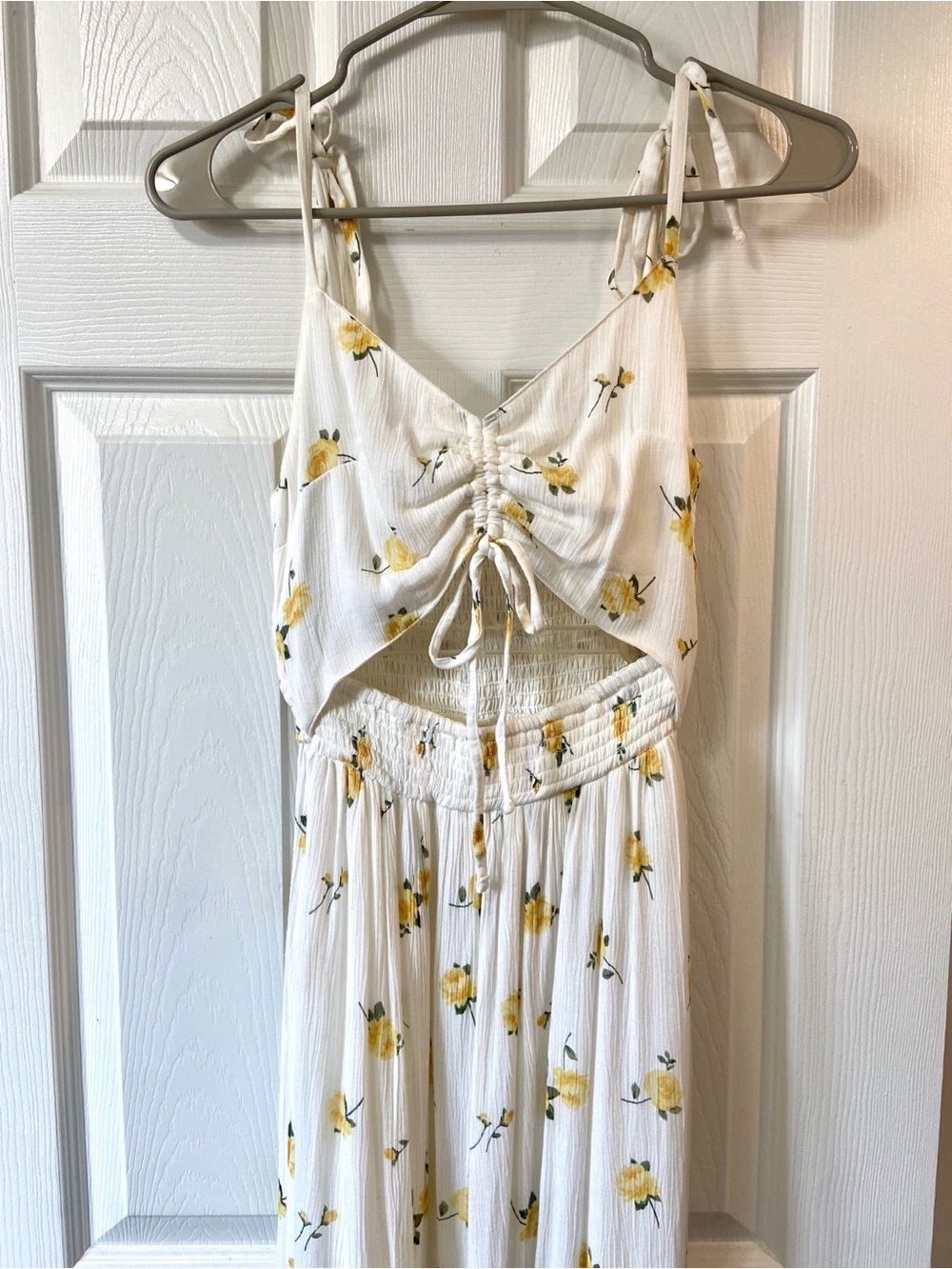 White Asymmetrical Tie-Front Dress w/Dainty Yellow Flowers, Bow-tied Shoulders